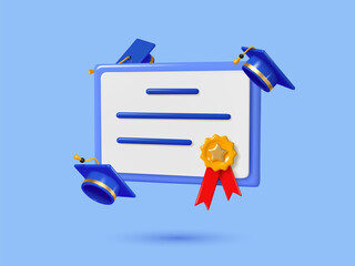 3d diploma, certificate with medal and graduation caps. 3d render vector illustration.