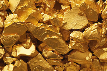Gold nuggets as a background, close-up. Golden stones. Generative Ai
