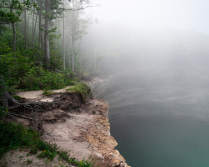Pictured Rocks shoreline, cliff to Lake Superior in fog