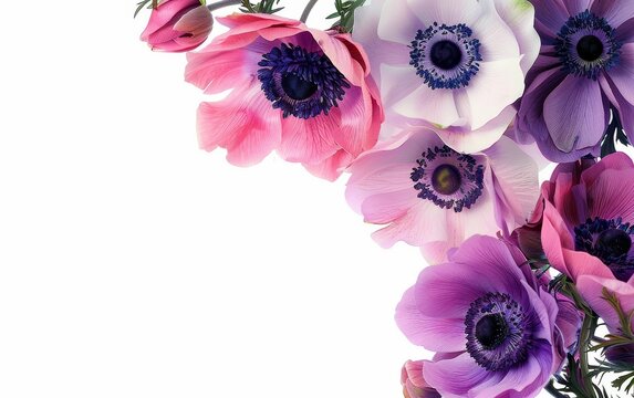 Vibrant anemones cascade down the image, their rich pinks and purples standing out against a stark background. The composition exudes a natural grace and elegance.