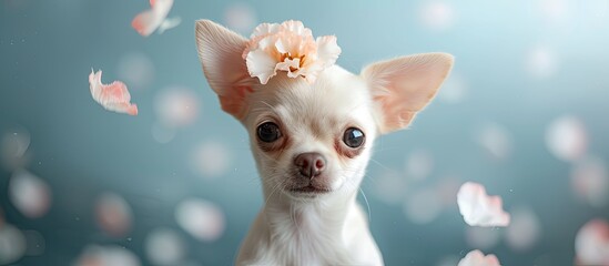 A small white Chihuahua puppy is standing with a flower tucked behind its ear. The dogs fluffy coat contrasts with the bright petals, giving it a charming look. - obrazy, fototapety, plakaty