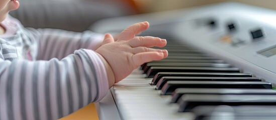 A baby is sitting at a piano, using their hands to play the keys, creating a melodic harmony. The...