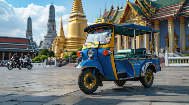 Thai Tuk Tuk parked in front of Wat Phra Kaew. Bangkok, Thailand