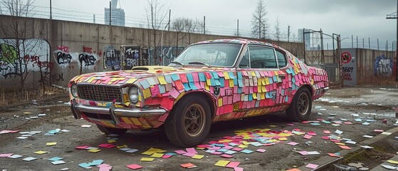 April Fool's Prank, Car Blanketed in Colorful Post-It Notes, Humor Unleashed - obrazy, fototapety, plakaty