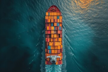 Sunset voyage, aerial perspective of cargo ship at sea
