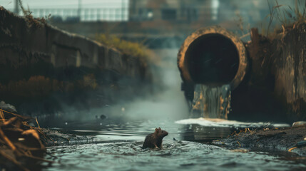 The city's sewage pipe has water flowing out and a rat stands at the mouth of the pipe with buildings visible in the background - obrazy, fototapety, plakaty