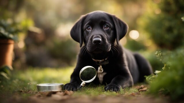 black labrador retriever A humorous Labrador puppy with a detective magnifying glass,  