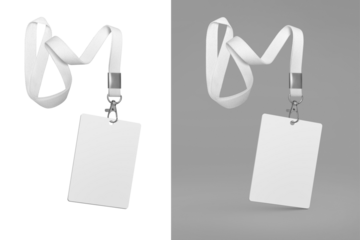 Plastic badge. ID card with white ribbon. Template mockup designed for employees and guests of company. Can be used for show, events, concerts and performances. Or for speakers and organizers.