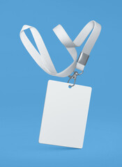 Plastic badge. ID card with white ribbon. Template mockup designed for employees and guests of...
