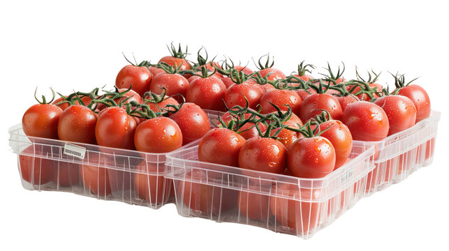 Tomatoes in many, many plastic boxes sit in the transparent background