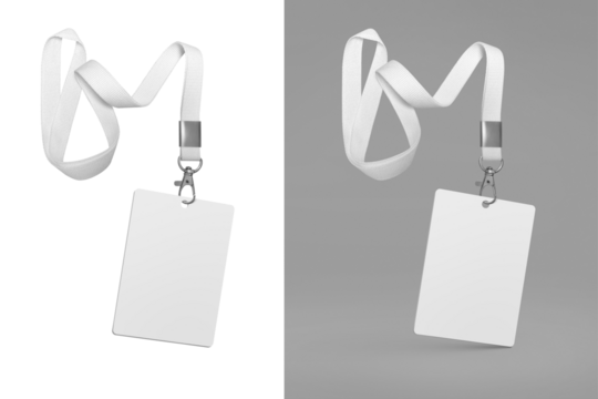 Plastic badge. ID card with white ribbon. Template mockup designed for employees and guests of company. Can be used for show, events, concerts and performances. Or for speakers and organizers.