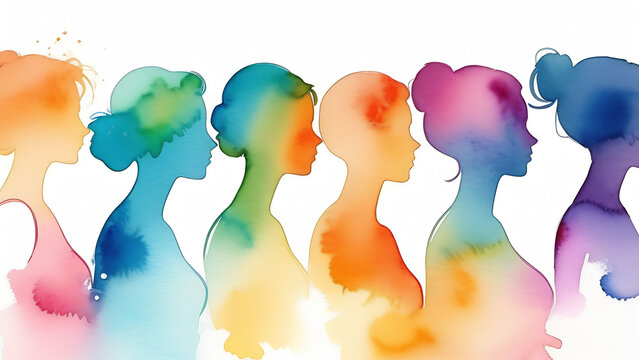 Silhouette women in different pastel colours on white background, Women Day, 8 Marh, female solidarity, feminism