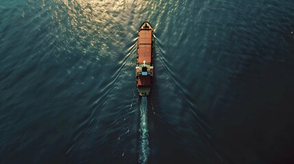 Top view of container cargo ship in the ocean cinematic photo. High quality