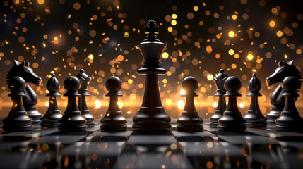 Business black chess pieces, chessboard concept with glittering lights - obrazy, fototapety, plakaty