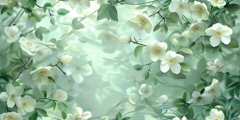 Beautiful background with jasmine flowers in light green tones