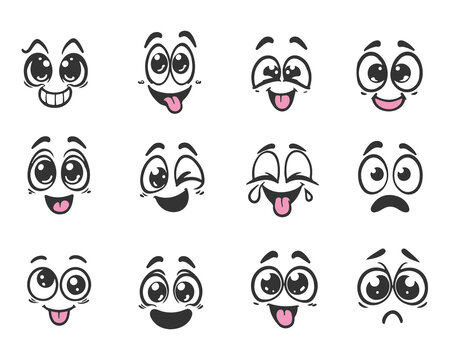 set of cartoon funny expressions, cartoon laugh sad funny smile expressions, collection of funny cartoon expressions, cartoon face set