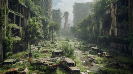 A post-apocalyptic city overgrown with nature, where survivors navigate through the ruins with the...