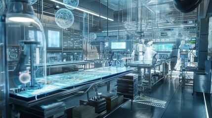 A quantum computing research lab, filled with superconducting processors and engineers monitoring complex data visualizations on transparent screens. 8k