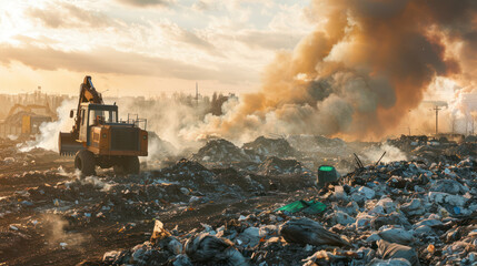 A large garbage fire emits smoke and a backhoe stands against the backdrop of the urban area. - obrazy, fototapety, plakaty