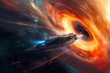 An image showing a futuristic spacecraft passing through a wormhole while encircled by bright cosmic objects. 