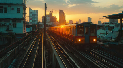 Fototapeta na wymiar The BTS Skytrain runs on tracks in Bangkok, Thailand.