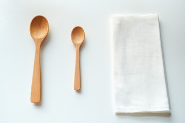 Wooden spoons and white gauze rag on white background