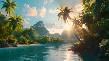 Paradise island cinematic photo sunny day. High quality