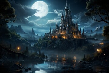 A castle on a hill overlooking a moonlit lake under a cloudy sky