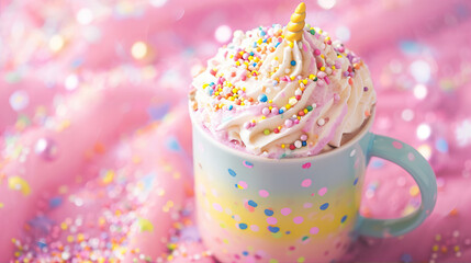 Dessert with cream and sprinkles in a mug on a pink background
