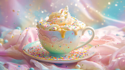 Dessert with cream and sprinkles in a mug on a pink background
