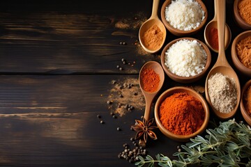 Various spices in wooden spoons on a wooden background.