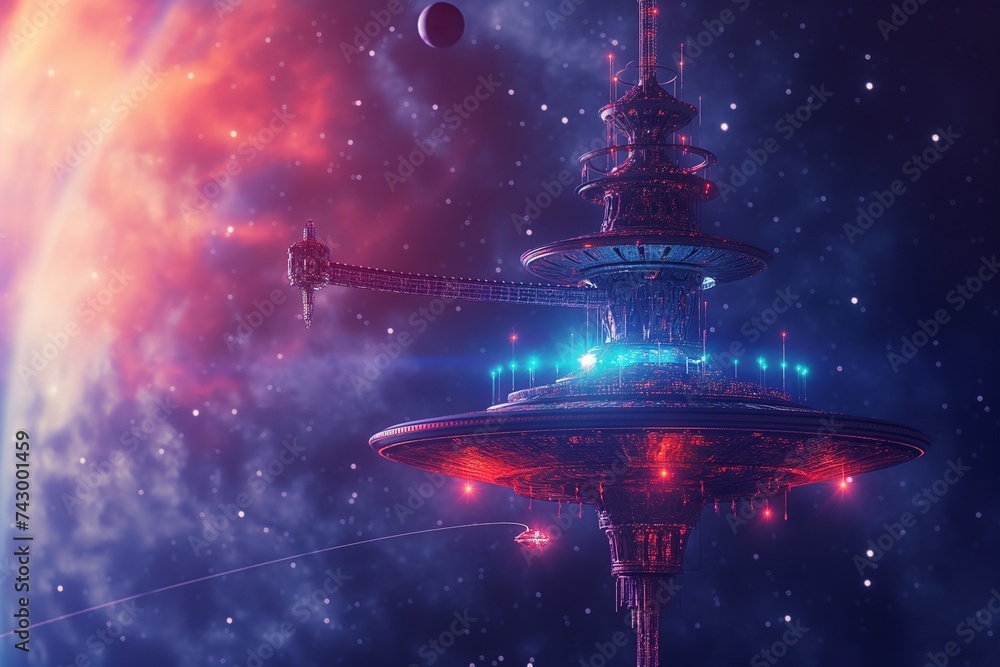 Poster a state-of-the-art quantum communication center floating in deep space, enabling instant communicati