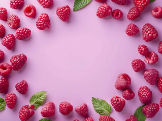 Pastel berries frame with green leaves. Raspberry on a pastel purple background. High quality