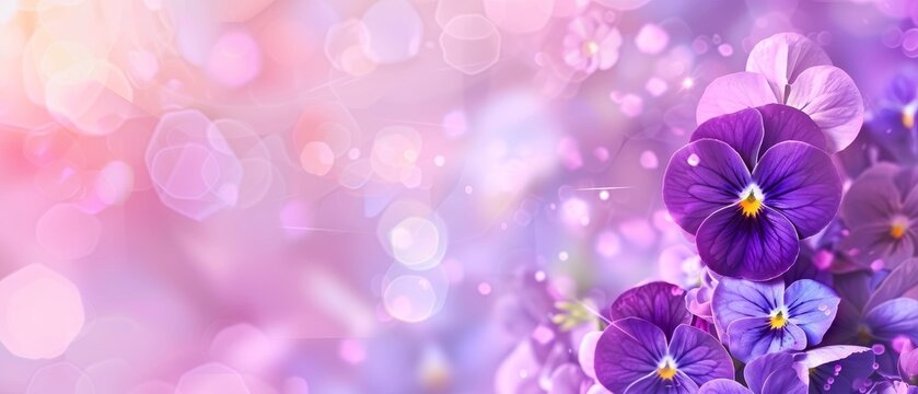 Harmonious purple violas are immersed in a bokeh light spectacle, creating an inviting, glowing composition. The delicate flowers are accentuated by the soft, luminescent background.