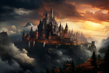 Foto op Canvas a large castle sitting on top of a mountain surrounded by trees and clouds © yuchen