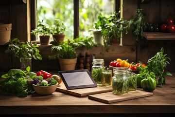Fototapeta na wymiar In the kitchen, there is a tablet for recording vegetable recipes for proper nutrition on a diet.