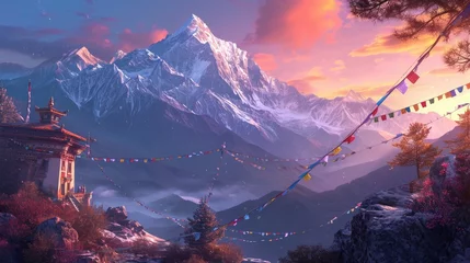 Papier Peint photo Himalaya A serene temple adorned with colorful prayer flags stands against the backdrop of majestic snowy mountains illuminated by the sunrise. Resplendent.