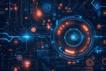 Obraz premium A tech-inspired background with digital icons and circuit patterns merged with modern geometric shapes, for computer science. 8k