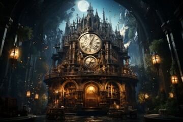 Medieval architecture building with Byzantine clock tower in dark room - Powered by Adobe