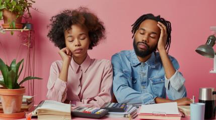 man and a woman seated at a desk, both looking bored or tired, against a pink background. - obrazy, fototapety, plakaty