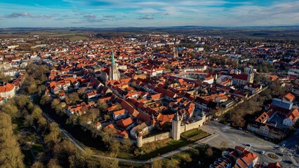 Aerial of the city Mühlhausen in Hesse, Germany on a sunny day in autumn - obrazy, fototapety, plakaty