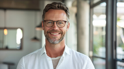 Fototapeta premium A joyful man in a white shirt and glasses is smiling warmly in an indoor setting with a blurred background.