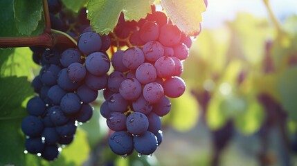 Fresh ripe grapes in the vineyard with morning dew droplets and soft bokeh sun light background.