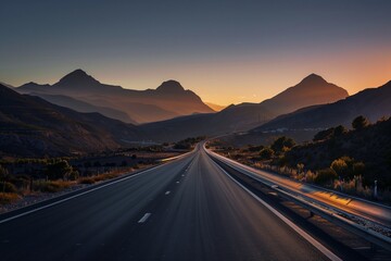 A road extending towards a radiant sunrise cresting over a mountain ridge, with early morning birds flying across the sky. The lighting is lively, capturing the energy of a new day.