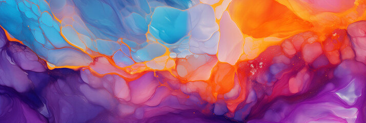 A colorful fluid art swirls in vibrant shades of pink, purple, orange, and blue creates an abstract background. The flowing patterns suggest a sense of creativity and movement