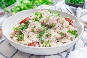 South Carolina chicken bog dish with smocked sausages, in bowl, horizontal