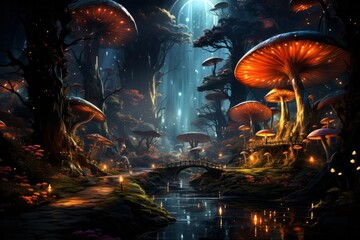 a painting of a forest filled with mushrooms and a waterfall