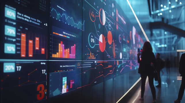 A lone figure stands under the bright city lights, analyzing clothing sales data on a large screen amidst the bustling night street, surrounded by the blur of people passing by