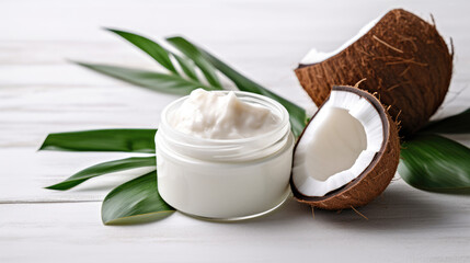 Fototapeta na wymiar Coconut beauty skincare products. White cream with extract of Coconut