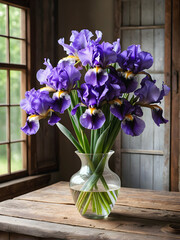Vintage Elegance: Purple Irises on Weathered Wooden Table. generative AI